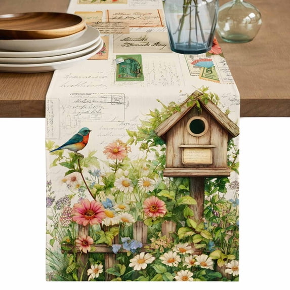 Table Runner 72 Inches Long for Kitchen Dining, Spring Floral Dresser Scarf Farmhouse, Dining Table Decorations for Wedding/Parties, Birds Cabin Daisy Watercolor Botanical Farmhouse 13 x 72 In