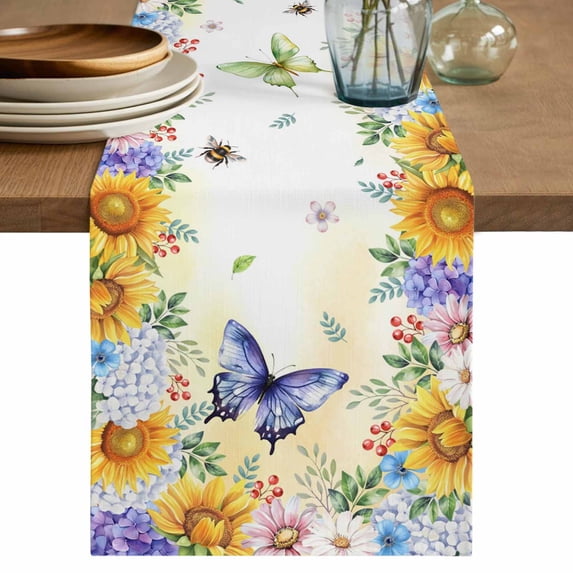 Table Runner 72 Inches Long for Kitchen Dining, Spring Floral Dresser Scarf Farmhouse, Dining Table Decorations for Wedding/Parties, Hydrangea Sunflowers Butterflies Watercolor 16 x 72 In