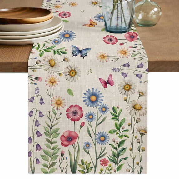 Table Runner 72 Inches Long for Kitchen Dining, Spring Floral Dresser Scarf Farmhouse, Dining Table Decorations for Wedding/Parties, Pink Blue Flowers Butterfly Rustic 18 x 72 In
