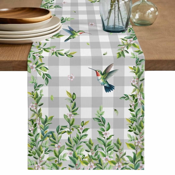 Table Runner 72 Inches Long for Kitchen Dining, Spring Plants Dresser Scarf Farmhouse, Dining Table Decorations for Wedding/Parties, Watercolor Leaves Birds Flowers Gray Plaid 14 x 72 In