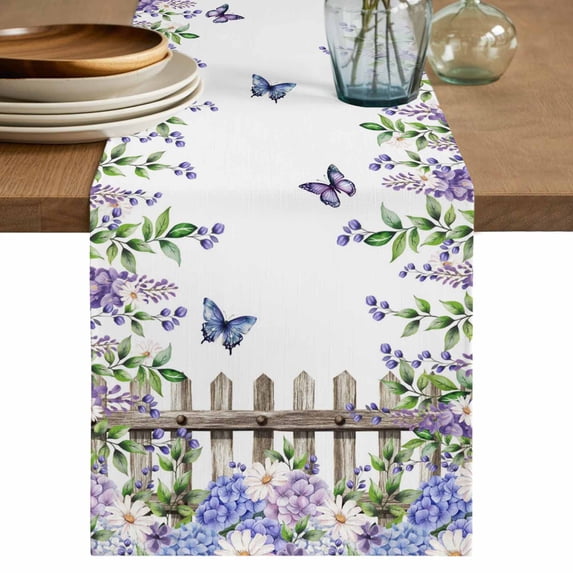 Table Runner 72 Inches Long for Kitchen Dining, Spring Purple Flowers Dresser Scarf Farmhouse, Dining Table Decorations for Wedding/Parties, Farmhouse Leaves Fences Watercolor 14 x 72 In