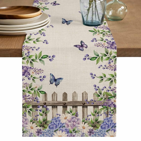 Table Runner 72 Inches Long for Kitchen Dining, Spring Purple Flowers Dresser Scarf Farmhouse, Dining Table Decorations for Wedding/Parties, Farmhouse Leaves Fences Burlap 14 x 72 In
