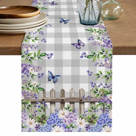 Table Runner 72 Inches Long for Kitchen Dining, Spring Purple Flowers Dresser Scarf Farmhouse, Dining Table Decorations for Wedding/Parties, Farmhouse Leaves Fences Gray Plaid 14 x 72 In