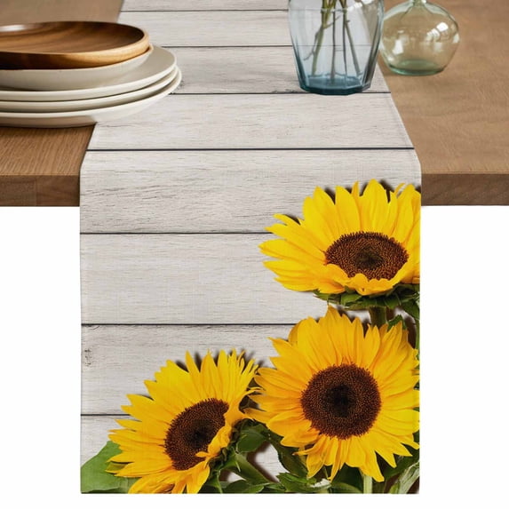 Table Runner 72 Inches Long for Kitchen Dining, Spring Sunflowers Dresser Scarf Farmhouse, Dining Table Decorations for Wedding/Parties, Yellow Floral Turquoise Farmhouse Grey Wooden 14 x 72 In