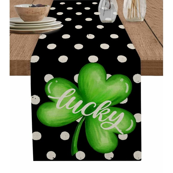 Table Runner 72 Inches Long for Kitchen Dining, St. Patrick's Day Dresser Scarf Farmhouse, Dining Table Decorations for Wedding/Parties, Green Lucky Black White Polka Dots 16 x 72 In