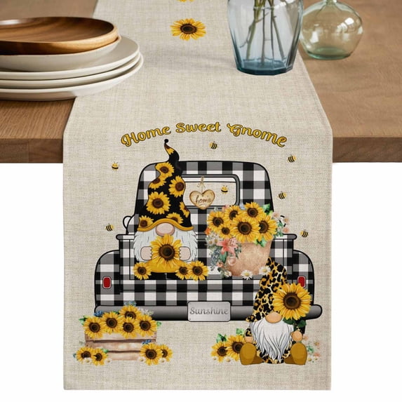 Table Runner 72 Inches Long for Kitchen Dining, Sunflower Dresser Scarf Farmhouse, Dining Table Decorations for Wedding/Parties, Gnomes Truck Elegant Pastoral Rustic 14 x 72 In