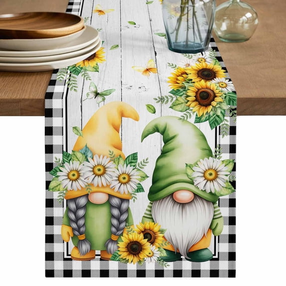 Table Runner 72 Inches Long for Kitchen Dining, Sunflower Gnomes Dresser Scarf Farmhouse, Dining Table Decorations for Wedding/Parties, Spring Farmhouse Daisy Leaf Wooden Grain 16 x 72 In