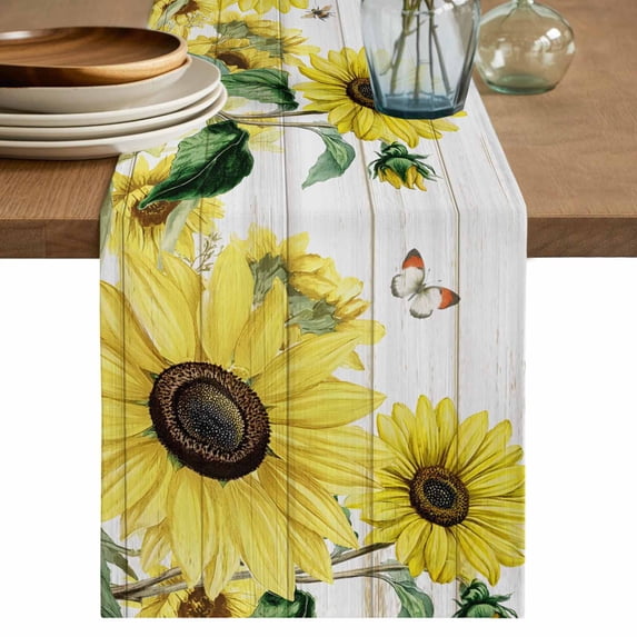 Table Runner 72 Inches Long for Kitchen Dining, Sunflowers Dresser Scarf Farmhouse, Dining Table Decorations for Wedding/Parties, Country Spring Botanical Flowers Bee Wooden 18 x 72 In