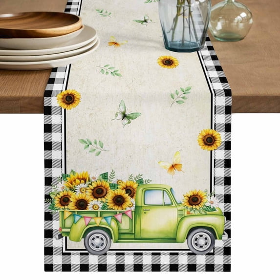 Table Runner 72 Inches Long for Kitchen Dining, Sunflowers Dresser Scarf Farmhouse, Dining Table Decorations for Wedding/Parties, Spring Farmhouse Country Truck Leaf Black Plaid 13 x 72 In
