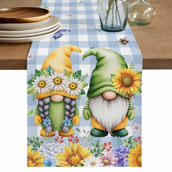 Table Runner 72 Inches Long for Kitchen Dining, Sunflowers Dresser Scarf Farmhouse, Dining Table Decorations for Wedding/Parties, Spring Gnomes Daisy Hydrangea Flowers Blue Plaid 16 x 72 In