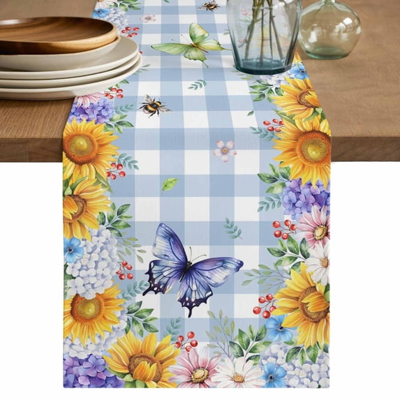 Table Runner 72 Inches Long for Kitchen Dining, Sunflowers Dresser Scarf Farmhouse, Dining Table Decorations for Wedding/Parties, Spring Watercolor Flowers Butterflies Hydrangea Blue 18 x 72 In