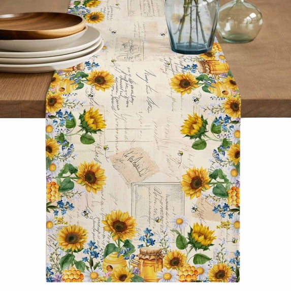 Table Runner 72 Inches Long for Kitchen Dining, Sunflowers Dresser Scarf Farmhouse, Dining Table Decorations for Wedding/Parties, Yellow Floral Bees Green Leaves Watercolor 18 x 72 In