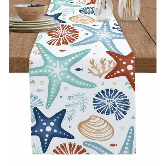 Table Runner 72 Inches Long for Kitchen Dining, Teal Blue Brown Starfish Coastal Dresser Scarf Farmhouse, Dining Table Decorations for Wedding/Parties, Summer Beach Nautical Coral Sea 18 x 72 In