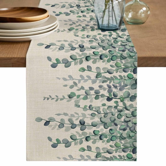 Table Runner 72 Inches Long for Kitchen Dining, Teal Green Eucalyptus Leaves Dresser Scarf Farmhouse, Dining Table Decorations for Wedding/Parties, Spring Plants Country Beige 13 x 72 In