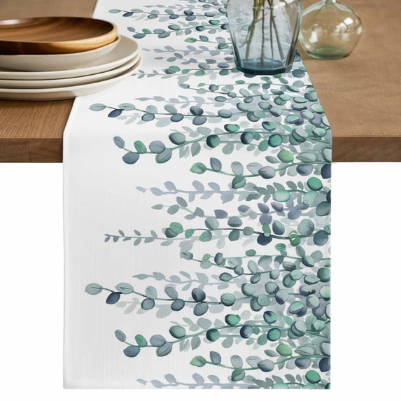 Table Runner 72 Inches Long for Kitchen Dining, Teal Green Eucalyptus Leaves Dresser Scarf Farmhouse, Dining Table Decorations for Wedding/Parties, Spring Plants Leaves Country 16 x 72 In