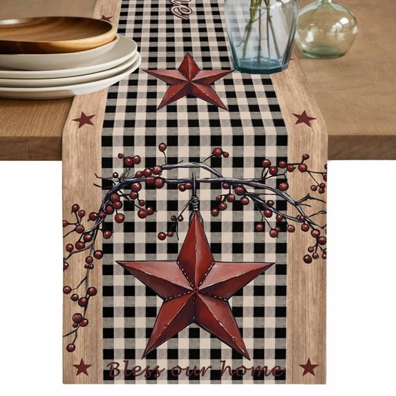 Table Runner 72 Inches Long for Kitchen Dining, Texas Star Farmhouse Dresser Scarf Farmhouse, Dining Table Decorations for Wedding/Parties, Rustic Black Plaid Berry Wooden 18 x 72 In