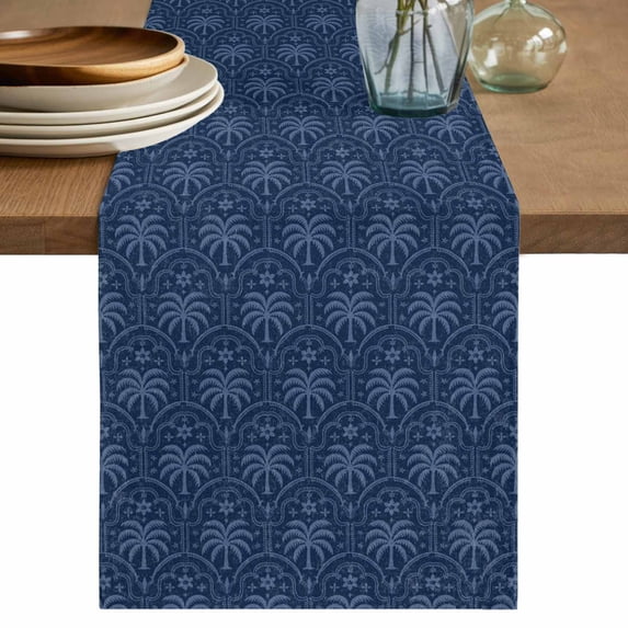 Table Runner 72 Inches Long for Kitchen Dining, Tropical Palm Trees Dresser Scarf Farmhouse, Dining Table Decorations for Wedding/Parties, Summer Coconut Trees Plants Navy Blue 16 x 72 In
