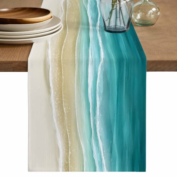 Table Runner 72 Inches Long for Kitchen Dining, Turquoise Summer Beach Coastal Dresser Scarf Farmhouse, Dining Table Decorations for Wedding/Parties, Nautical Beige Seaside 18 x 72 In