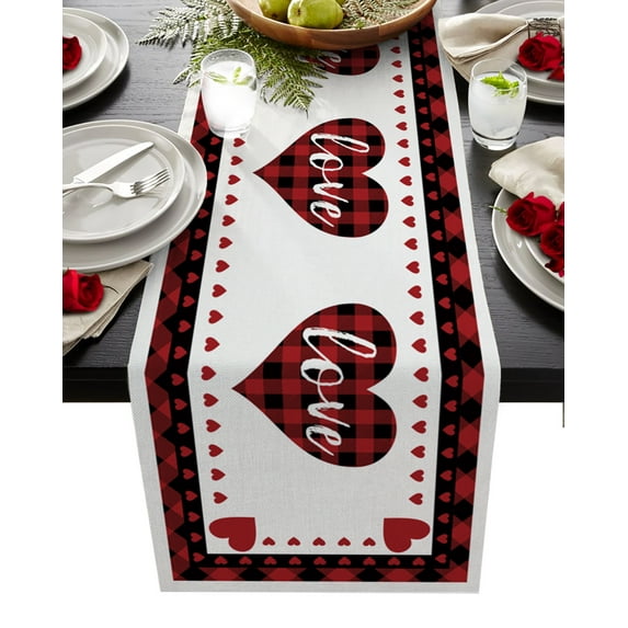 Table Runner 72 Inches Long for Kitchen Dining, Valentine's Day Dresser Scarf Farmhouse, Dining Table Decorations for Wedding/Parties, Red Black Plaid Love Sweet Romance 16 x 72 In