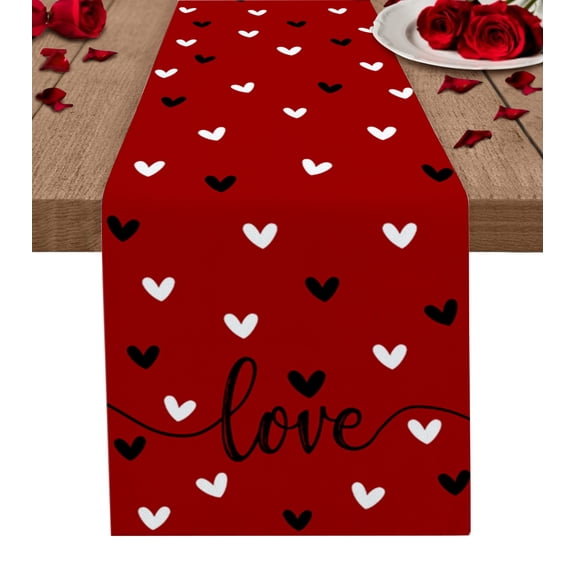 Table Runner 72 Inches Long for Kitchen Dining, Valentines Dresser Scarf Farmhouse, Dining Table Decorations for Wedding/Parties, Black White Love Heart Red 13 x 72 In