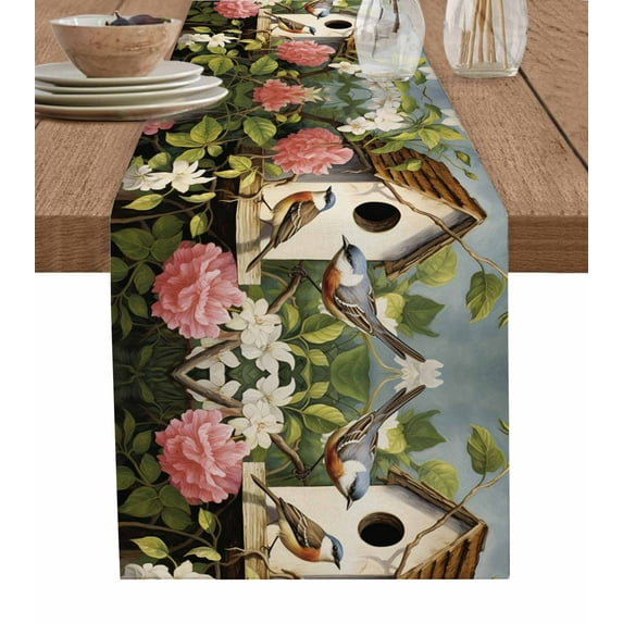 Table Runner 72 Inches Long for Kitchen Dining, Vintage Birdhouse Dresser Scarf Farmhouse, Dining Table Decorations for Wedding/Parties, Spring Floral Birds Botanical 13 x 72 In