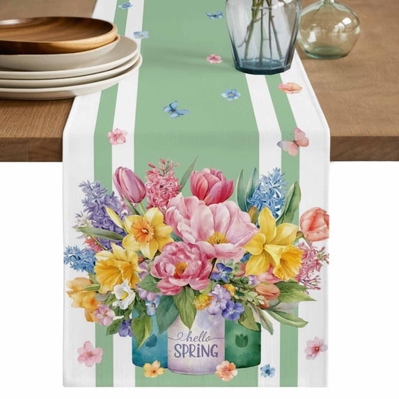 Table Runner 72 Inches Long for Kitchen Dining, Watercolor Floral Dresser Scarf Farmhouse, Dining Table Decorations for Wedding/Parties, Spring Flowers Butterflies Leaves Green 14 x 72 In