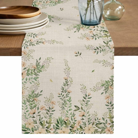 Table Runner 72 Inches Long for Kitchen Dining, Watercolor Floral Dresser Scarf Farmhouse, Dining Table Decorations for Wedding/Parties, Spring Leaves Flowers Botanical Beige 14 x 72 In
