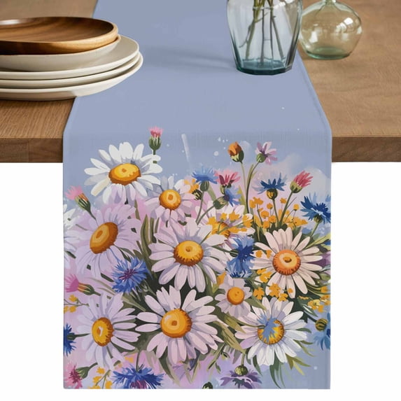 Table Runner 72 Inches Long for Kitchen Dining, Watercolor Flowers Dresser Scarf Farmhouse, Dining Table Decorations for Wedding/Parties, Farmhouse Spring Botanical Daisy Plants 13 x 72 In