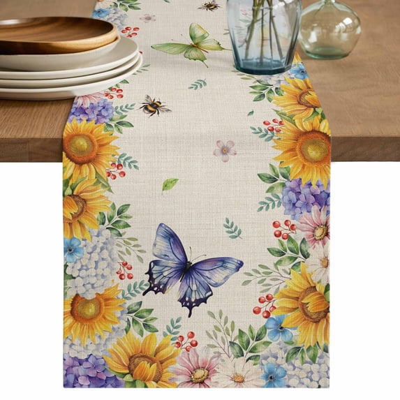 Table Runner 72 Inches Long for Kitchen Dining, Watercolor Flowers Dresser Scarf Farmhouse, Dining Table Decorations for Wedding/Parties, Spring Sunflowers Daisy Butterflies Beige 14 x 72 In