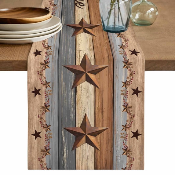 Table Runner 72 Inches Long for Kitchen Dining, Western Texas Star Vintage Dresser Scarf Farmhouse, Dining Table Decorations for Wedding/Parties, Retro Farmhouse Gray Brown Wooden 13 x 72 In