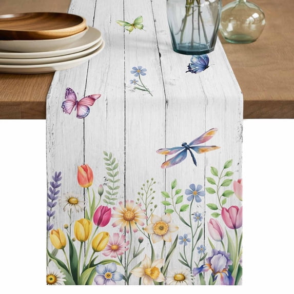 Table Runner 72 Inches Long for Kitchen Dining, Wildflowers Dresser Scarf Farmhouse, Dining Table Decorations for Wedding/Parties, Spring Farmhouse Tulip Floral Leaf Wooden Grain 13 x 72 In