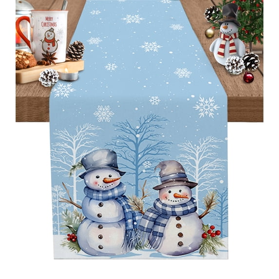 Table Runner 72 Inches Long for Kitchen Dining, Winter Blue Snowman Christmas Dresser Scarf Farmhouse, Dining Table Decorations for Wedding/Parties, Snowflake Xmas Tree 18 x 72 In