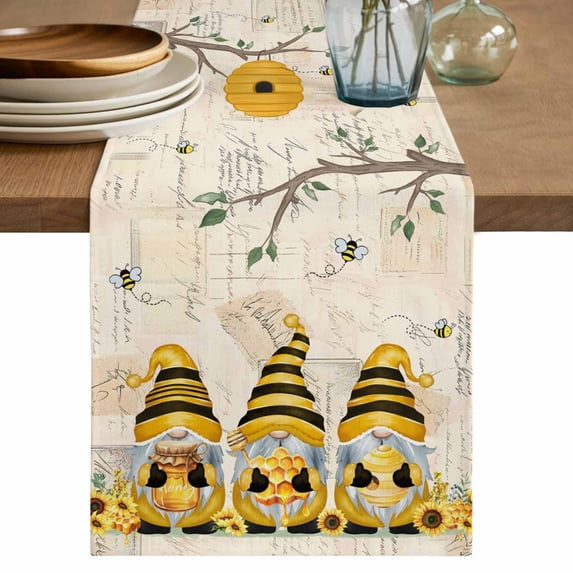 Table Runner 72 Inches Long for Kitchen Dining, Yellow Bees Gnomes Dresser Scarf Farmhouse, Dining Table Decorations for Wedding/Parties, Spring Floral Branches Pastoral 14 x 72 In