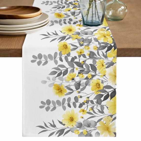 Table Runner 72 Inches Long for Kitchen Dining, Yellow Floral Dresser Scarf Farmhouse, Dining Table Decorations for Wedding/Parties, Farmhouse Spring Flowers Leaves 18 x 72 In