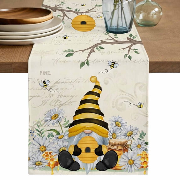 Table Runner 72 Inches Long for Kitchen Dining, Yellow Gnomes Dresser Scarf Farmhouse, Dining Table Decorations for Wedding/Parties, Spring Floral Bees Daisy Branches 18 x 72 In