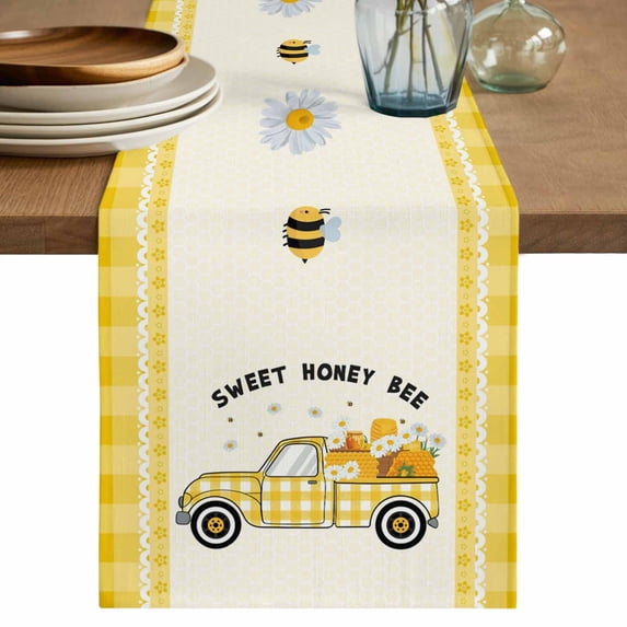 Table Runner 72 Inches Long for Kitchen Dining, Yellow Truck Dresser Scarf Farmhouse, Dining Table Decorations for Wedding/Parties, Spring Bees Daisy Car Star Buffalo Plaid Lines 14 x 72 In