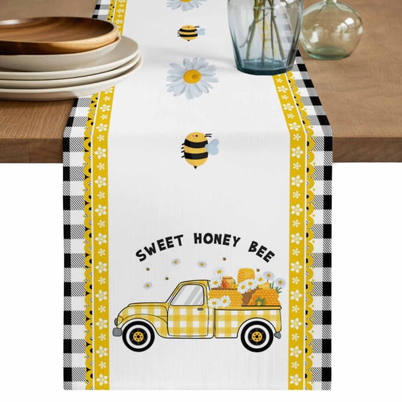 Table Runner 72 Inches Long for Kitchen Dining, Yellow Truck Dresser Scarf Farmhouse, Dining Table Decorations for Wedding/Parties, Spring Bees Daisy Honey Black Buffalo Lattice 13 x 72 In
