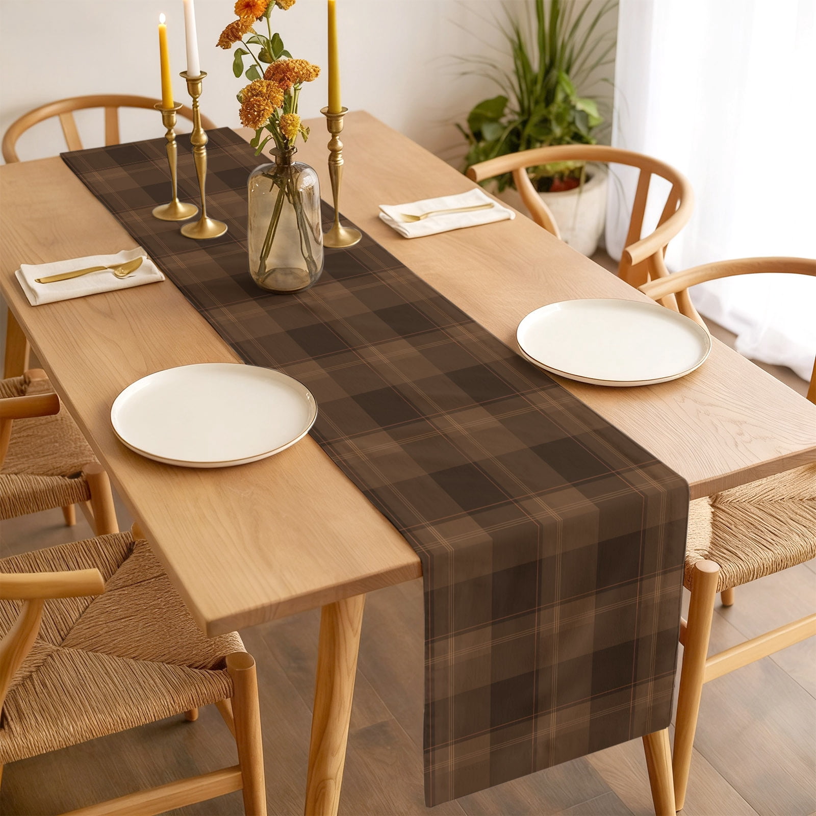 Table Runner 72 Inches Long,Minimalist Brown Plaid Tartan Kitchen ...