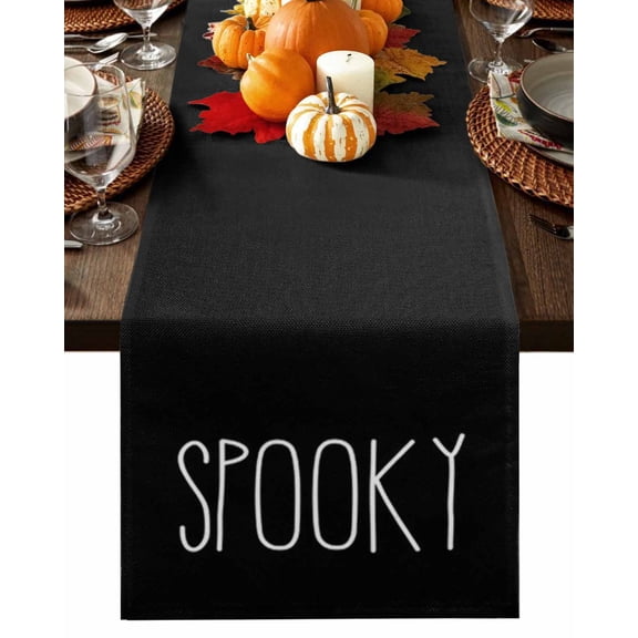 Table Runner 72 Inches Long, SPOOKY Halloween White Letter Black Texture Cotton Linen Table Runners Non-Slip Durable Dresser Scarves for Table Party Dinner Holiday Home Decor, 1 Pack