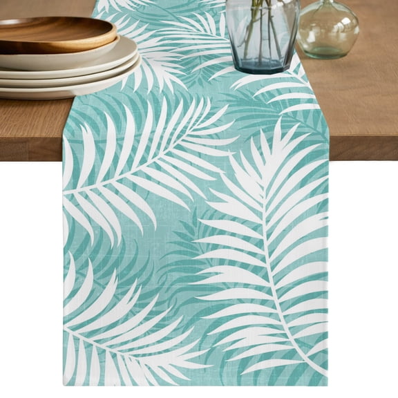 Table Runner 72 Inches Long, Teal Green Palm Leaf Decorative Table Runner for Party Wedding Home Decor, Summer Coastal Botanical Tropical Dresser Scarves for Bedroom Kitchen Tables Decor 14x72 Inch