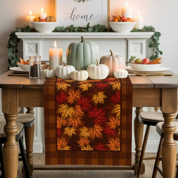 Table Runner 90 Inch Long - Autumn Orange Maple Leaf WatercolorDecorative Table Scarf,Vintage PlaidDining Table Runners for Wedding Party Kitchen Dining Tables