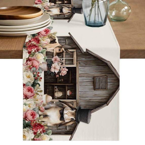 Table Runner - 90 Inch Long, Beige Easter Bunny Kitchen Dining Table Runner Dresser Scarves, Spring Retro Farmhouse Rabbits Floral Farmhouse Decor for Coffee Tables Wedding Party Banquet