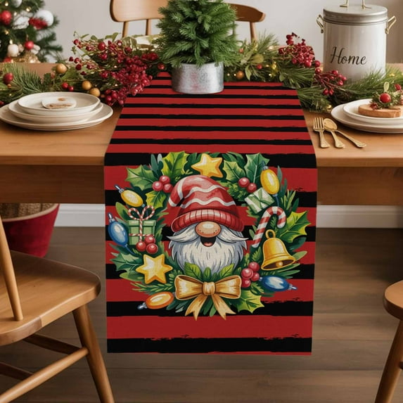 Table Runner 36 Inch Long - Christmas Santa Dwarf WreathDecorative Table Scarf,Classic Red Black StripesDining Table Runners for Wedding Party Kitchen Dining Tables