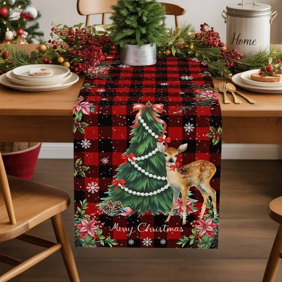 Table Runner 36 Inch Long - Christmas Tree Pink FlowersDecorative Table Scarf,Winter Deer on Red Black PlaidDining Table Runners for Wedding Party Kitchen Dining Tables
