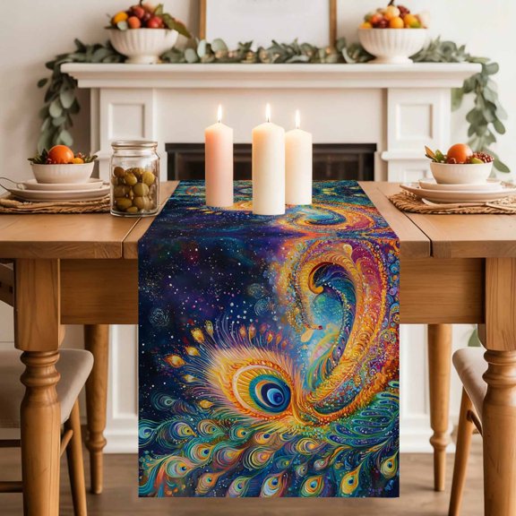 Table Runner 90 Inch Long - Cosmic Peacock Feathers Decorative Table Scarf, Galaxy Background Dining Table Runners for Wedding Party Kitchen Dining Tables