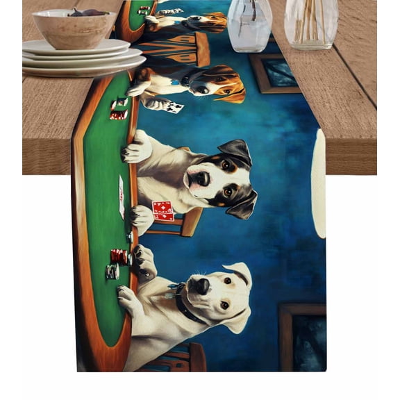 Table Runner 90 Inch Long - Dog Playing PokerDecorative Table Scarf,Abstract Animal in The RoomDining Table Runners for Wedding Party Kitchen Dining Tables