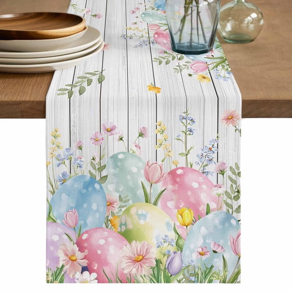 Table Runner - 90 Inch Long, Easter Eggs Kitchen Dining Table Runner Dresser Scarves, Spring Daisy Eucalyptus Leaves Gray Wooden Farmhouse Decor for Coffee Tables Wedding Party Banquet