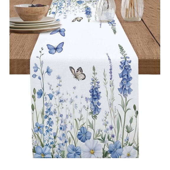 Table Runner 90 Inch Long - Farm Blue Flowers ButterflyDecorative Table Scarf,Watercolor Country FloralDining Table Runners for Wedding Party Kitchen Dining Tables