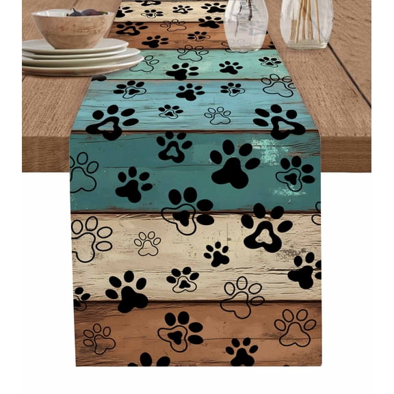 Table Runner 90 Inch Long - Farm Brown Wood BoardDecorative Table Scarf,Dog Paw Print Animal FootprintDining Table Runners for Wedding Party Kitchen Dining Tables