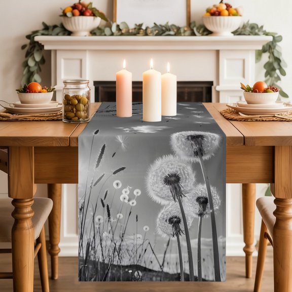 Table Runner 90 Inch Long - Farmhouse Grey Field Dandelion Rural Plant Decorative Table Scarf, Idyllic Botanical Dining Table Runners for Wedding Party Kitchen Dining Tables